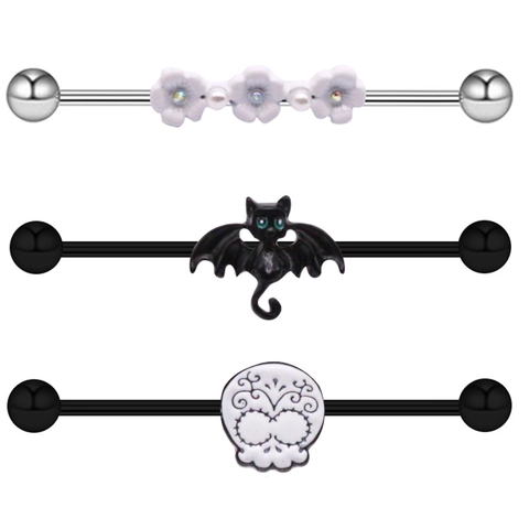 Gothic Industrial Barbell Stainless Steel Ear Piercing Jewelry Skull Bat Spider Heart Moon Decor For Men Women