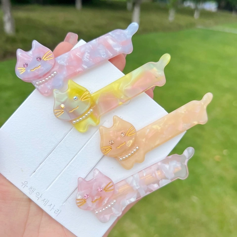 Marbled Acetate Cat Hair Clip Cute Cartoon Duckbill Clip Rhinestone Artificial Pearl Sweet Hairpin Accessories For Women Girls