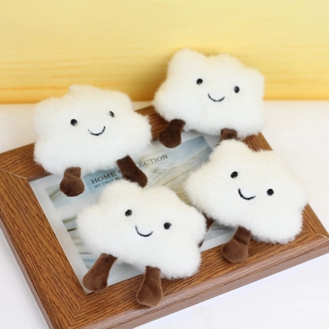 Cute White Cloud Plush Keychain Bag Charm With Embroidered Smile Face Soft Stuffed Doll For Backpack Decoration