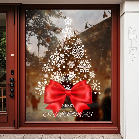 Christmas Window Sticker Snowflake Tree Pattern Static Cling PVC With Red Bow Holiday Decoration