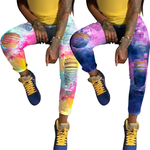 Damen High Waisted Skinny Jeans Tie-Dye Print Risslöcher Denim Lange Hose High Stretch Streetwear