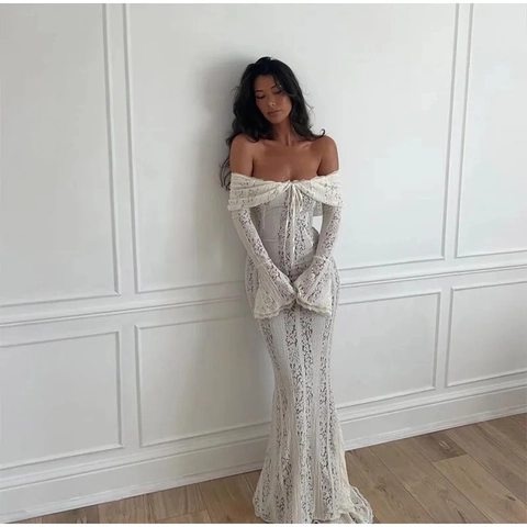 Damen Spitzenkleid Schulterfrei Ausgestellte Lange Ärmel Figurbetont Elegant Sexy Einfarbig Hochzeit Party Abendmode