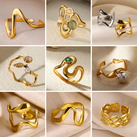 Stainless Steel Wave Open Ring Irregular Geometric Minimalist Adjustable Finger Jewelry Women Accessory