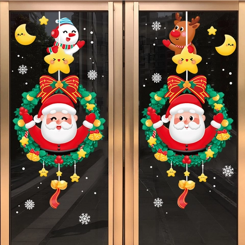 Christmas Window Static Stickers Santa Claus Reindeer Wreath PVC Double Sided Glass Decals Holiday Party Shop Decor