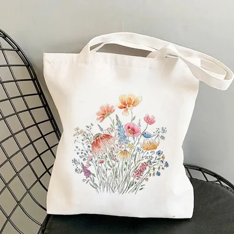 Borsa Tote In Tela Con Fiori Selvatici Stampa Floreale Grande Capacità Borsa A Mano Tracolla Per Donna Casual Shopping