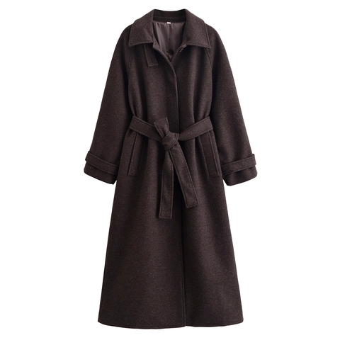 Women Long Woolen Overcoat Belted Solid Color Loose Fit Lapel Long Sleeve Polyester Outerwear Coffee