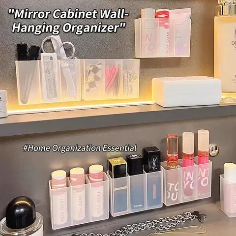 Wall Mounted Transparent Plastic Divided Storage Box For Lipstick Makeup Brushes Bathroom Mirror Cabinet Adhesive Organizer