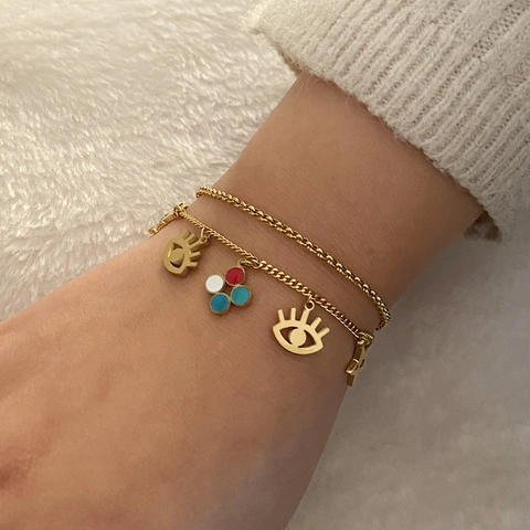 Bracciale Con Ciondoli A Doppio Strato In Acciaio Inossidabile Placcato Oro Occhio Di Allah Stella Elefante Smalto Gioielli