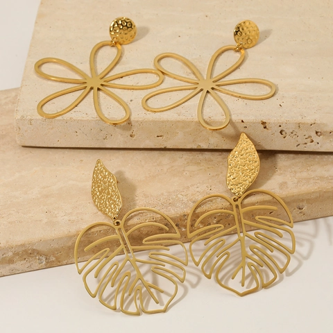 Orecchini a Goccia in Acciaio Inossidabile con Foglia di Monstera e Fiore Cavo per Donna Vintage Oro Argento Placcato Texture Martellata
