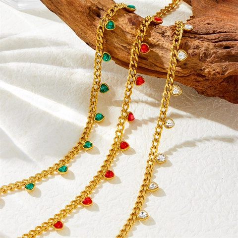 Collana A Catena Cubana In Acciaio Inossidabile Per Donna Con Pendenti In Strass A Forma Di Cuore Placcati In Oro Gioielli