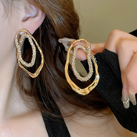 Alloy Rhinestone Earrings With Silver Earring Post Double Layer Irregular Geometric Oval Hollow Gold Elegant Women Jewelry