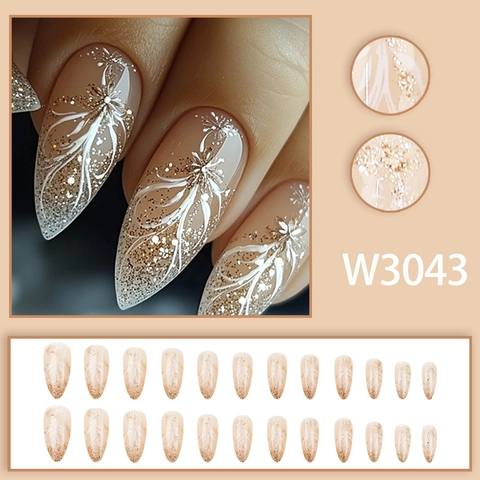 Mandel Drucknägel Goldener Glitzerverlauf Weißes Federmuster Nude Elegante Künstliche Nägel Für Frauen
