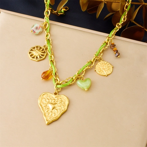 Collana In Acciaio Inossidabile Placcato Oro Pendenti Cuore Sole Bussola Corda Intrecciata Gioielli Stile Boho Per Donna