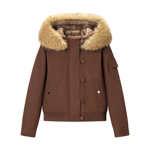 Chaqueta Parka Invierno Mujer Capucha Cuello Piel Sintética Desmontable Forro Polar Bomber Corta Cálida Casual Solid