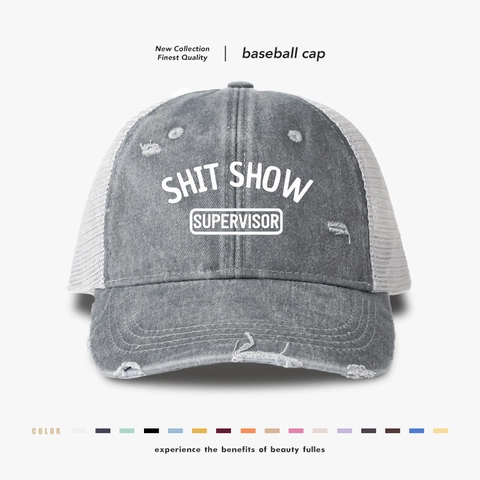 Washed Cotton Trucker Hat Distressed Humorvoll Shit Show Supervisor Buchstabendruck Atmungsaktives Mesh Baseballkappe