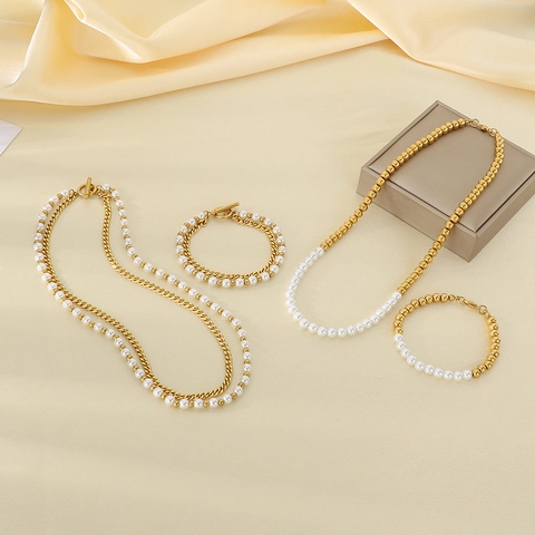 Gioielli Collana E Bracciale Acciaio Inossidabile Perla Artificial Di Conchiglia Multistrato Placcato Oro 18K Moda Elegante Per Donne