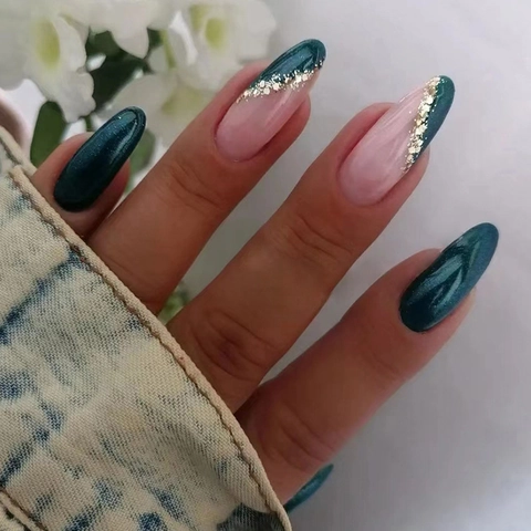 Unghie Finte Press On French Forma Mandorla Blu Notte Occhio Di Gatto Glitter Oro Eleganti