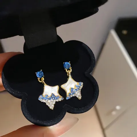 Ster Hanger Oorbellen Met 925 Sterling Zilveren Oorsteker Blauwe Rijnsteen Kristal Wit Emaille Mode Sieraden Dames