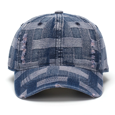 Retro Denim Gewebtes Gitter Baseballkappe Distressed Ausgefranste Kante Streetwear Verstellbare Sonnenhut