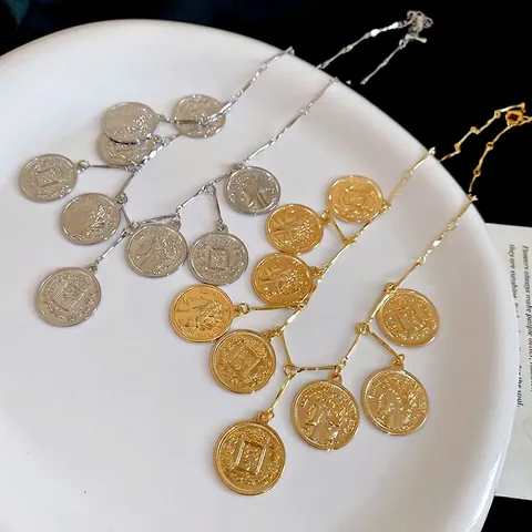 Vintage Münzanhänger Halskette Französische Medaillon Legierung Verstellbare Kette Multi-Anhänger Retro Schmuck Für Damen