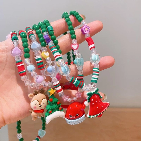Christmas Jewelry Beaded Necklace And Bracelet Cartoon Santa Claus Reindeer Resin Beads Holiday Party Gift For Girls Kids