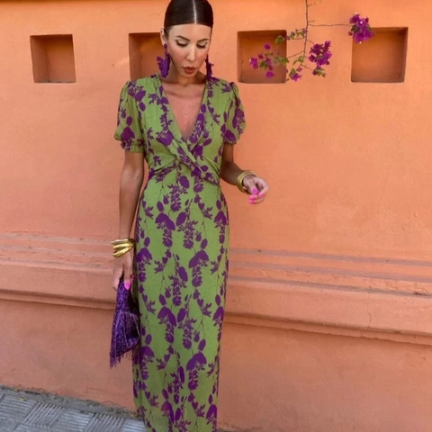 Women V Neck Short Puff Sleeve Floral Print Midi Dress Ruched Waist Sexy Summer Casual Fashion A-Line Style