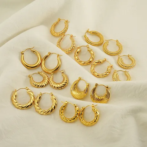 Hoop Earrings Stainless Steel 18K Gold Plated Twisted Geometric Texture Vintage Style Fashion Jewelry For Women