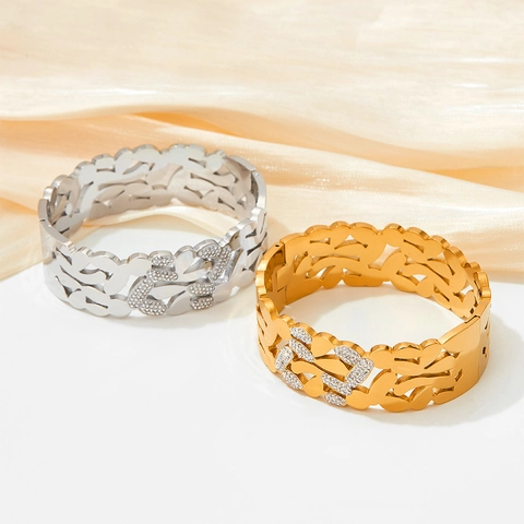 Brazalete Ancho De Acero Inoxidable Con Patrón De Hoja Hueca Con Diamantes De Imitación Mujeres Joyas Punk Exageradas