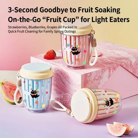 Tazza Porta Frutta Portatile Con Cestello Drenante Cucchiaio E Cinturino Motivo Gatto Cartone Animato Contenitore In Plastica