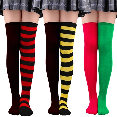 Over-The-Knee Socks Asymmetric Mismatched Striped Solid Polyester Elastic Satin Japanese Harajuku Style Halloween Party