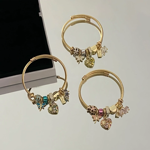 Stainless Steel Cable Charm Bracelet For Women With Alloy Heart Butterfly Enamel Dragonfly Rhinestone Beads Adjustable Bangle