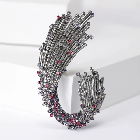 Vintage Ocean Wave Brooch Alloy Rhinestone Crystal Feather Design For Women Suit Coat Elegant Jewelry Accessory