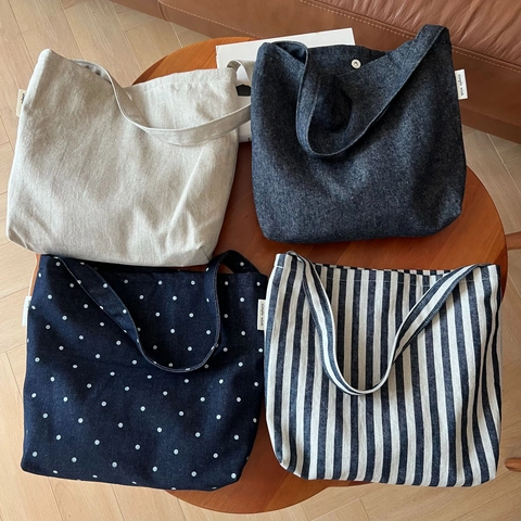 Vintage Denim Canvas Shoulder Underarm Bag Polka Dot Stripe Large Capacity Magnetic Closure For Women Casual Literary