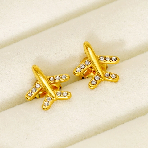 Airplane Stud Earrings Stainless Steel 18K Gold Plated Rhinestone Inlay Fashion Minimalist Jewelry For Women Girls