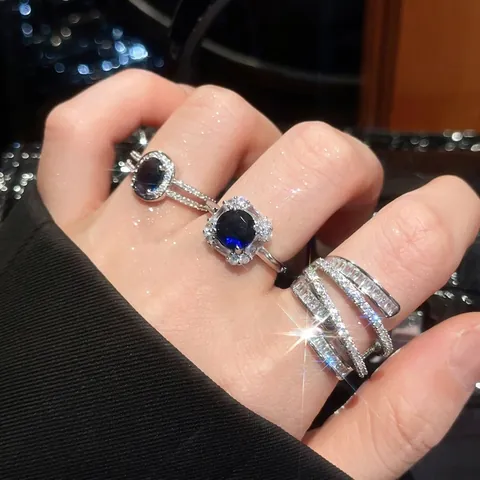 Mode Geometrische Open Ringen Koper Met Zirkoon Blauw Ovaal Vierkant Multi Layer Verstelbare Vingerring Sieraden Voor Dames