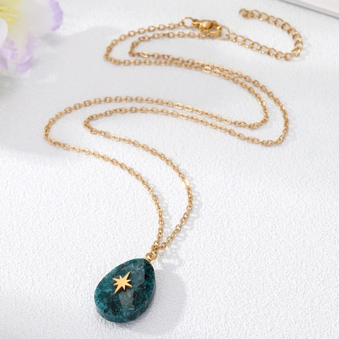 Collana Con Pendente In Pietra Naturale Catena In Acciaio Inossidabile Gemma Ovale Goccia Croce Fulmine Stella Sole Donne