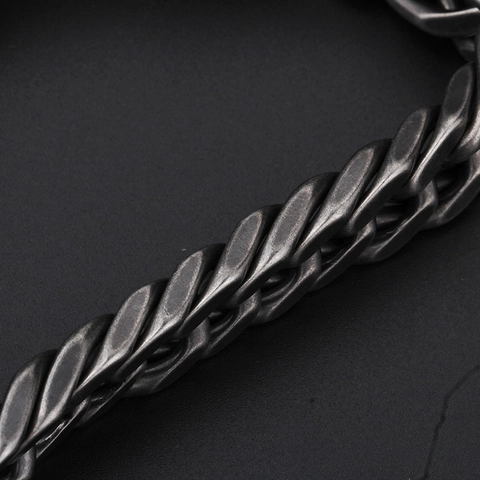 Men Vintage Stainless Steel Chain Bracelet Distressed Industrial Style Punk Heavy Cuban Link Jewelry Antique Silver Color