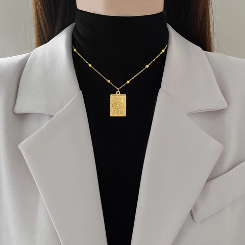 Evil Eye Anhänger Halskette Edelstahl 18K Vergoldet Rechteckig Rhinestone Perlenkette Station Kette Für Frauen