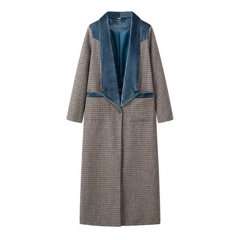 Cappotto Lungo Da Donna Con Motivo Pied De Poule E Revers In Velluto A Contrasto Stile Britannico Retrò Giacca Bottoni