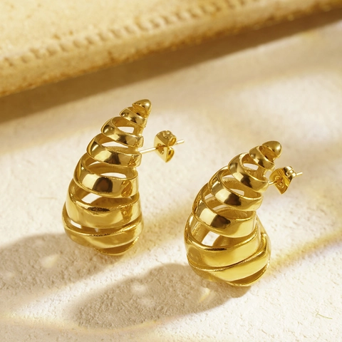 Retro Stainless Steel Croissant Stud Earrings For Women Chunky Spiral Waterdrop Textured Fashion Jewelry