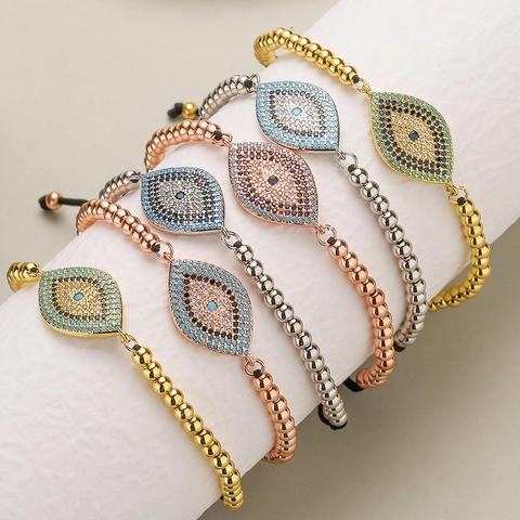 Evil Eye Beaded Bracelet Copper 18K Gold Plated Zircon Adjustable Woven Cord Fashion Jewelry For Women