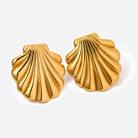 Pendientes De Botón De Concha Retro Bañados En Oro De 18 Quilatos Acero Inoxidable Forma De Abanico Joyería Vintage Para Mujeres