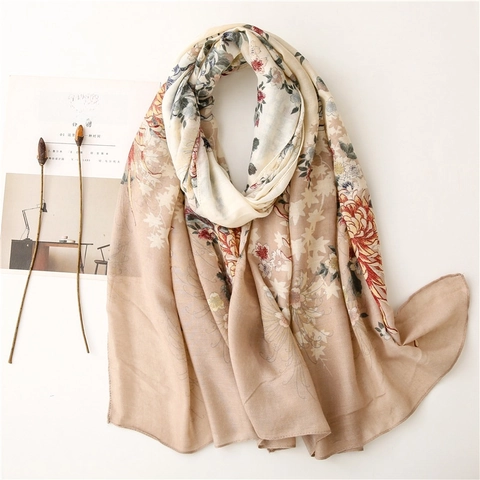 Écharpe À Imprimé Fleuri Rétro Châle Polyester Toucher Coton Lin Style Chinois Vintage Protection Solaire Pour Femmes