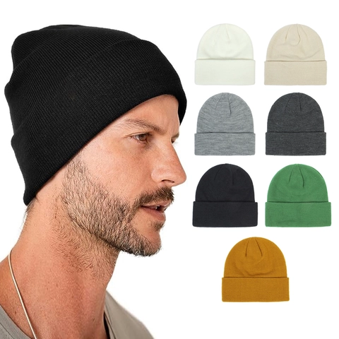 Women Men Winter Knitted Beanie Hat Warm Solid Color Cuffed Acrylic Soft Elastic Outdoor Sport Daily Cold Weather Cap