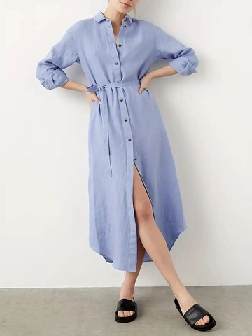 Vestido Camisero De Manga Larga Para Mujer Con Botones Cinturón Dobladillo Dividido Irregular Maxi Casual Oficina