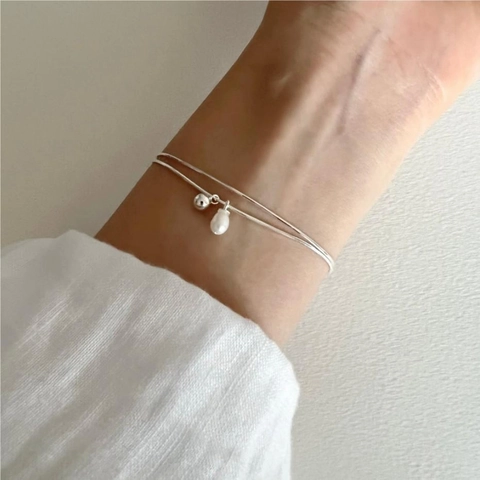Bracciale A Doppia Catena Serpente In Argento Sterling 925 Con Perla Artificial A Goccia E Sfera Rotonda Gioielli Minimalisti Da Donna