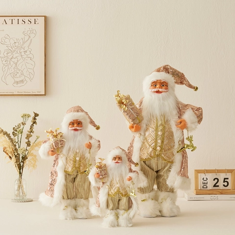 Poupée Père Noël Debout Tissu À Paillettes Fausse Fourrure Or Rose Décoration De Noël Figurine Debout Pour Décoration De Table Maison Festive