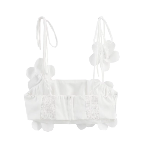 Top Crop Camisole Sexy Da Donna Bianco Poliestere Fiori 3D Spalline Da Annodare Slim Fit Party Arricciato