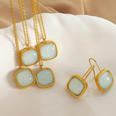 French Vintage Square Jade Pendant Necklace And Hook Earrings Stainless Steel Gold Plated Elegant Women Jewelry