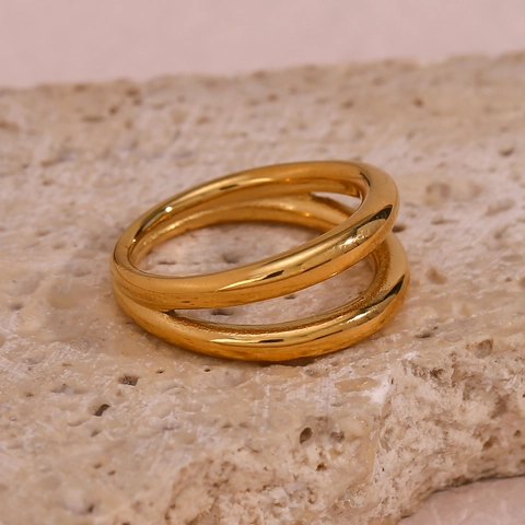 Double Layer Stainless Steel Ring 18K Gold Plated Smooth Round Line Minimalist Geometric Finger Jewelry For Women